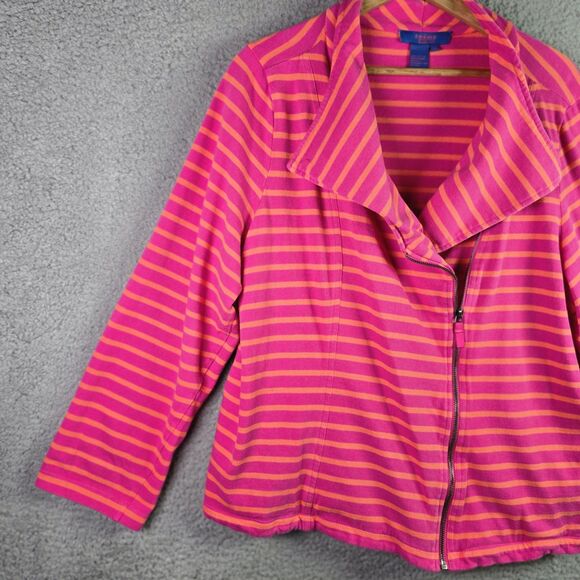 Twiggy London Pink Orange Striped Moto Jacket 3X Deep Pockets Asymmetric Zipper - Picture 13 of 16